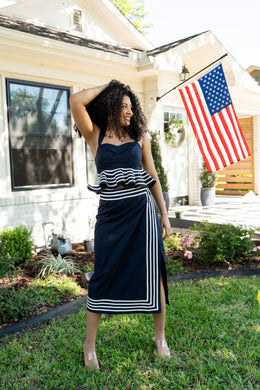 Cord Detail Peplum Top and Wrap Midi Skirt Set