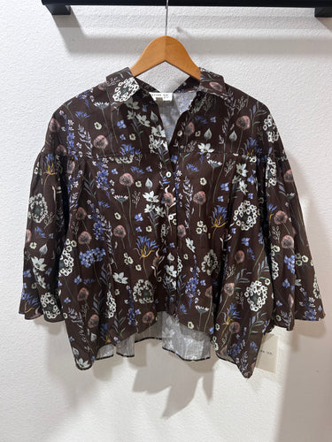 Olive print poplin flowy sleeve blouse