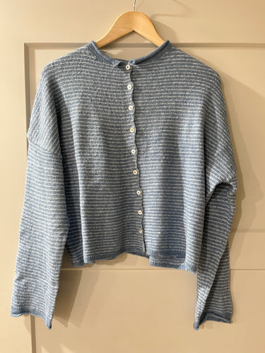 Dusty Blue Pin Striped Button Down Cardigan | TBW14551