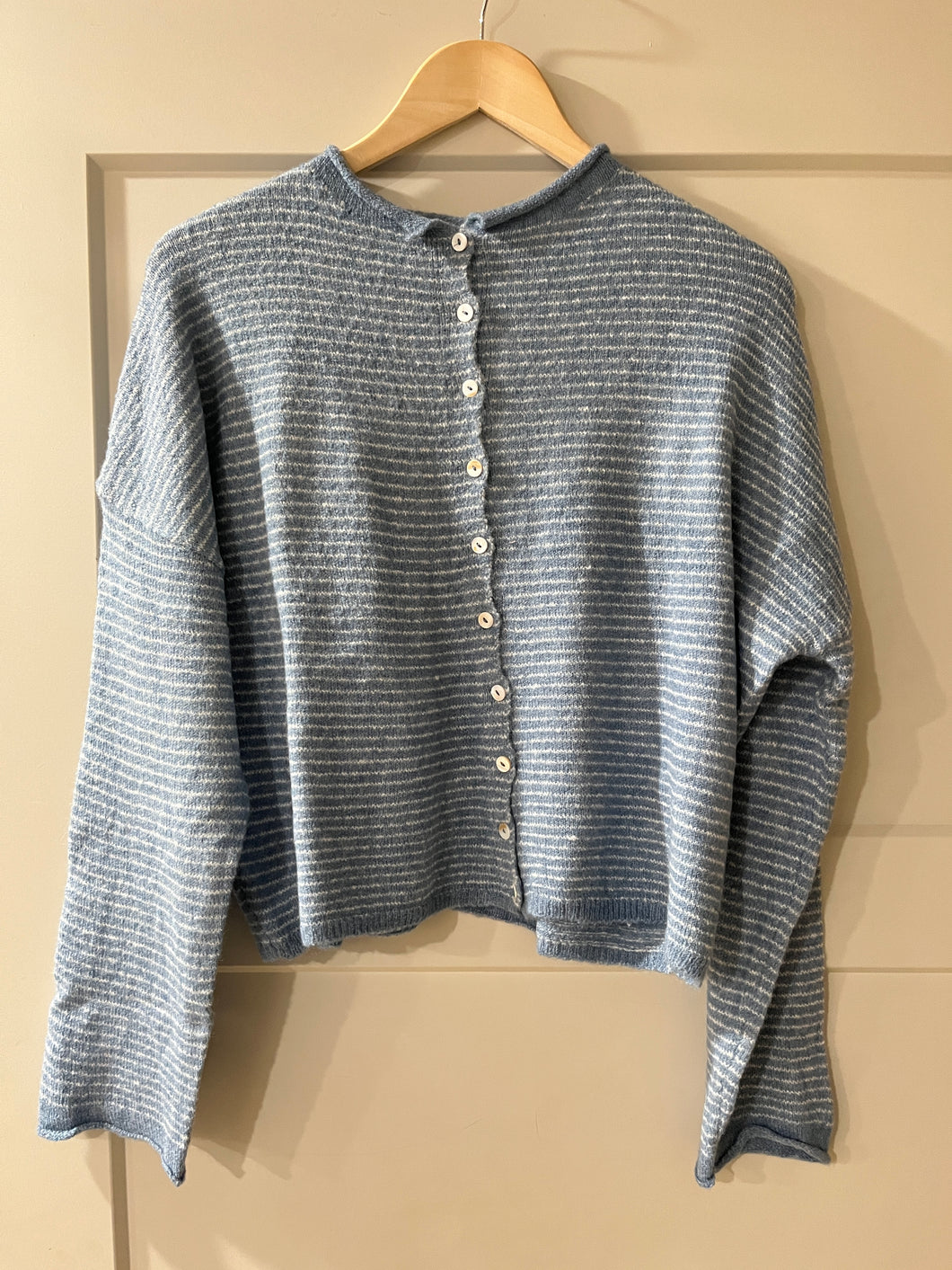 Dusty Blue Pin Striped Button Down Cardigan | TBW14551