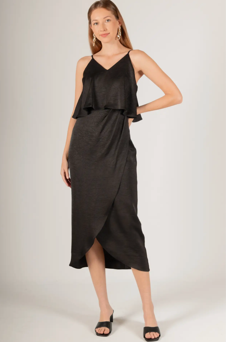 Textured satin cami strap wrap skirt midi dress