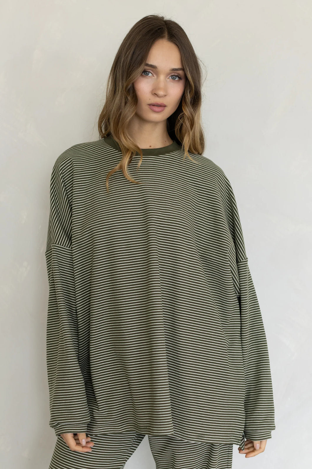 Olive Striped Fleece Oversized Top | TBT14182